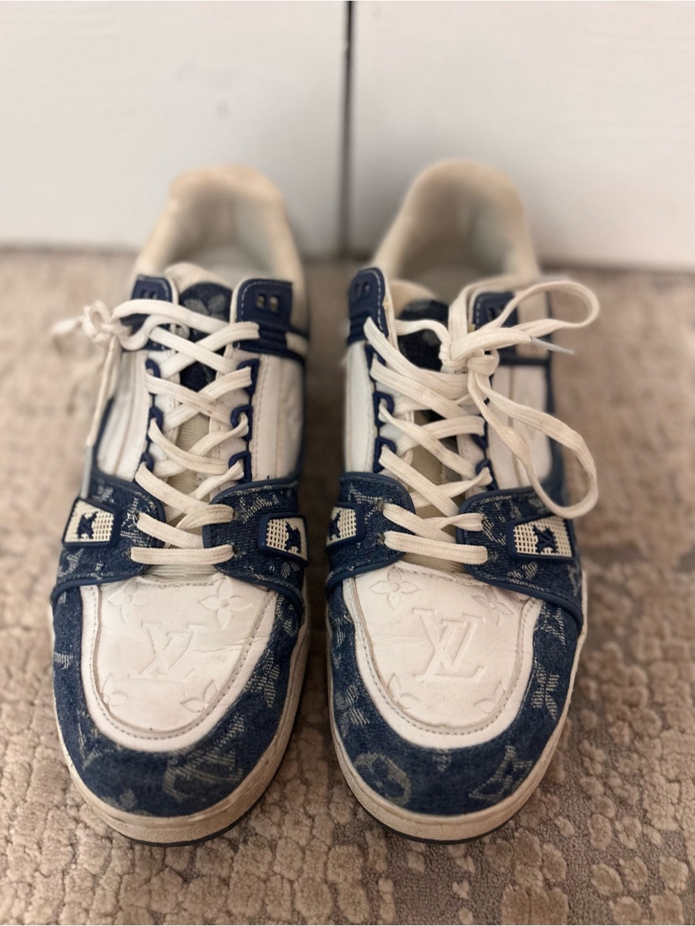 Louis Vuitton women’s 6 White and Navy Denim Monogram Sneakers